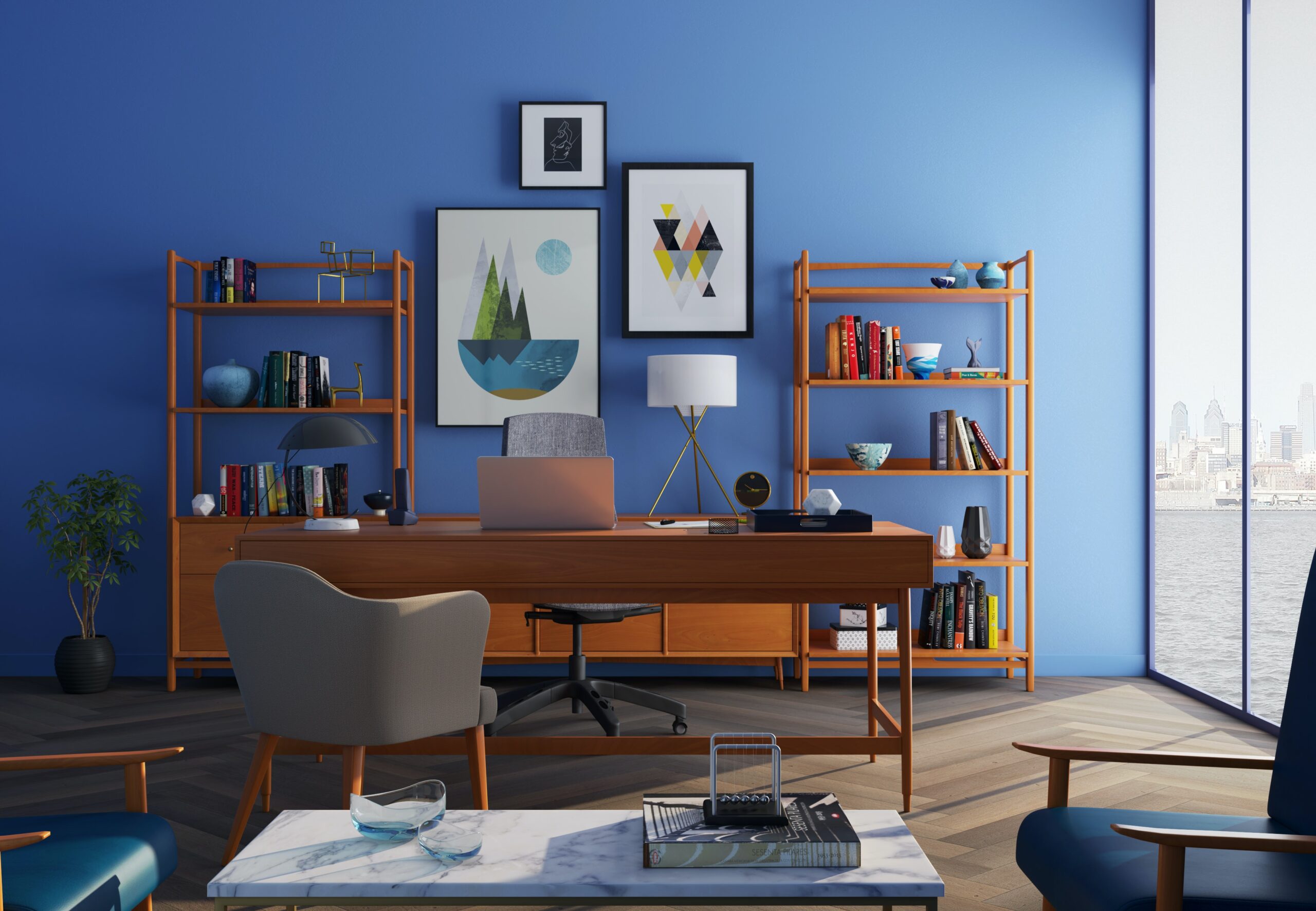 An office room with a blue wall