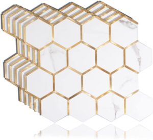 Diflart Peel and Stick Kitchen Backsplash Tiles Gold and White Hexagon