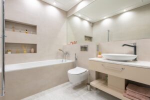 Modern bathroom with tub and niche