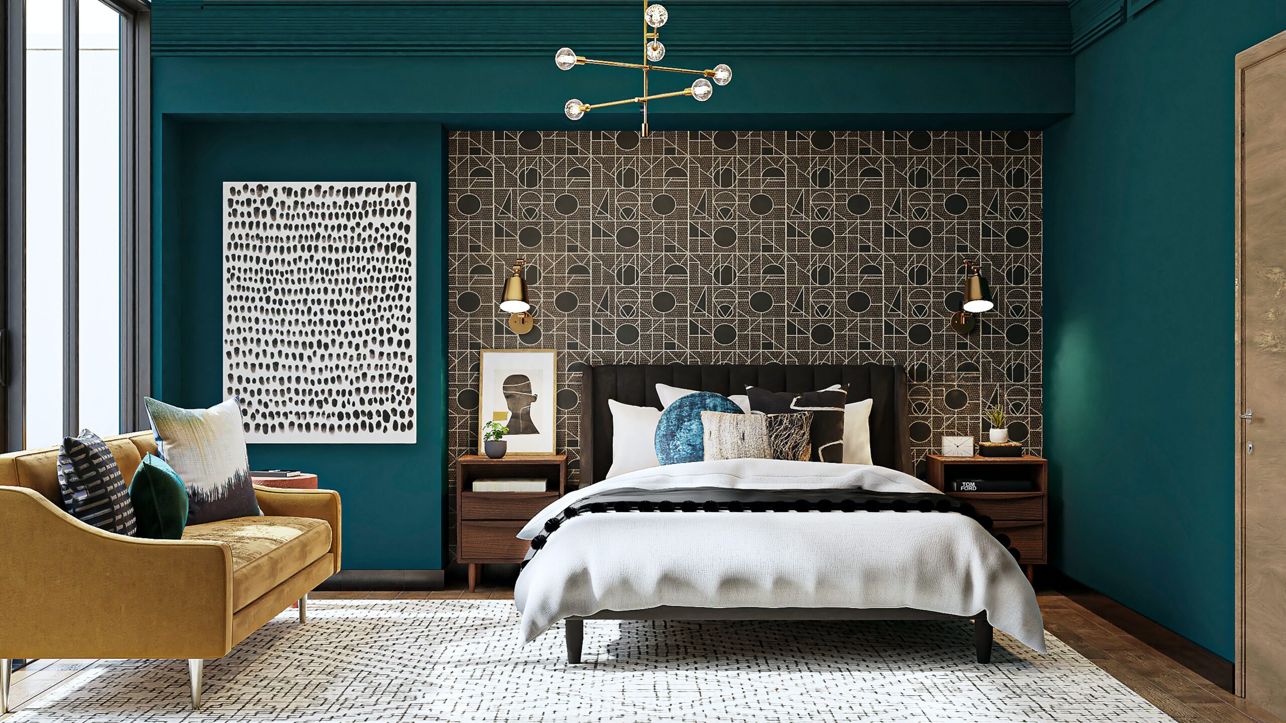 bedroom with patterned wall 