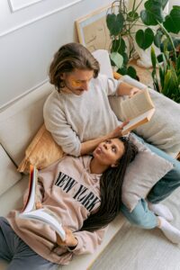 Couple relaxing on a staycation at home
