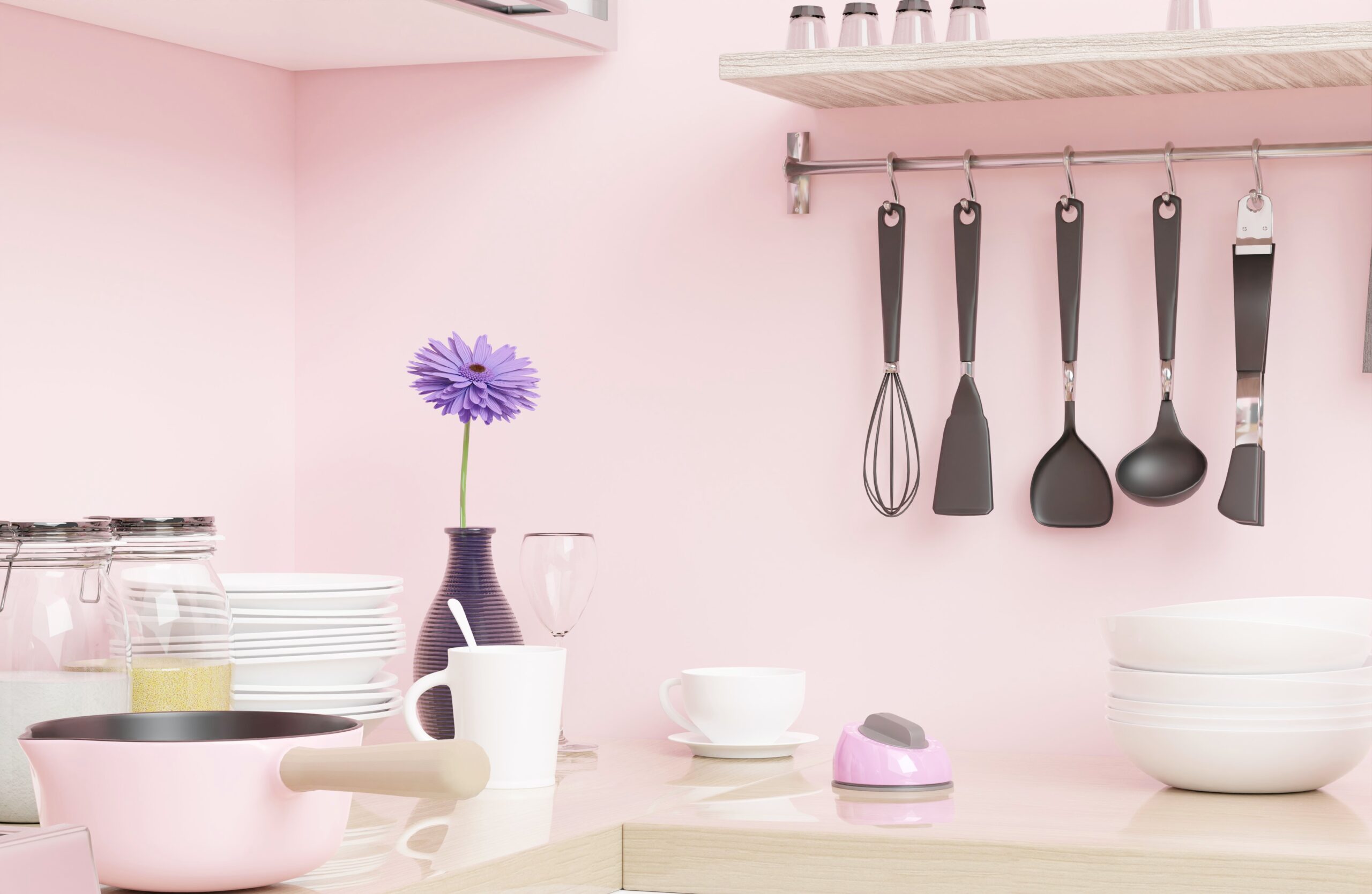 pink color drenching kitchen