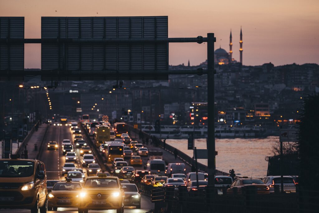A closeup of heavy city traffic