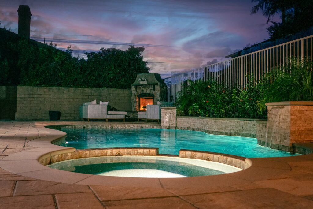 Pool with a fireplace. 