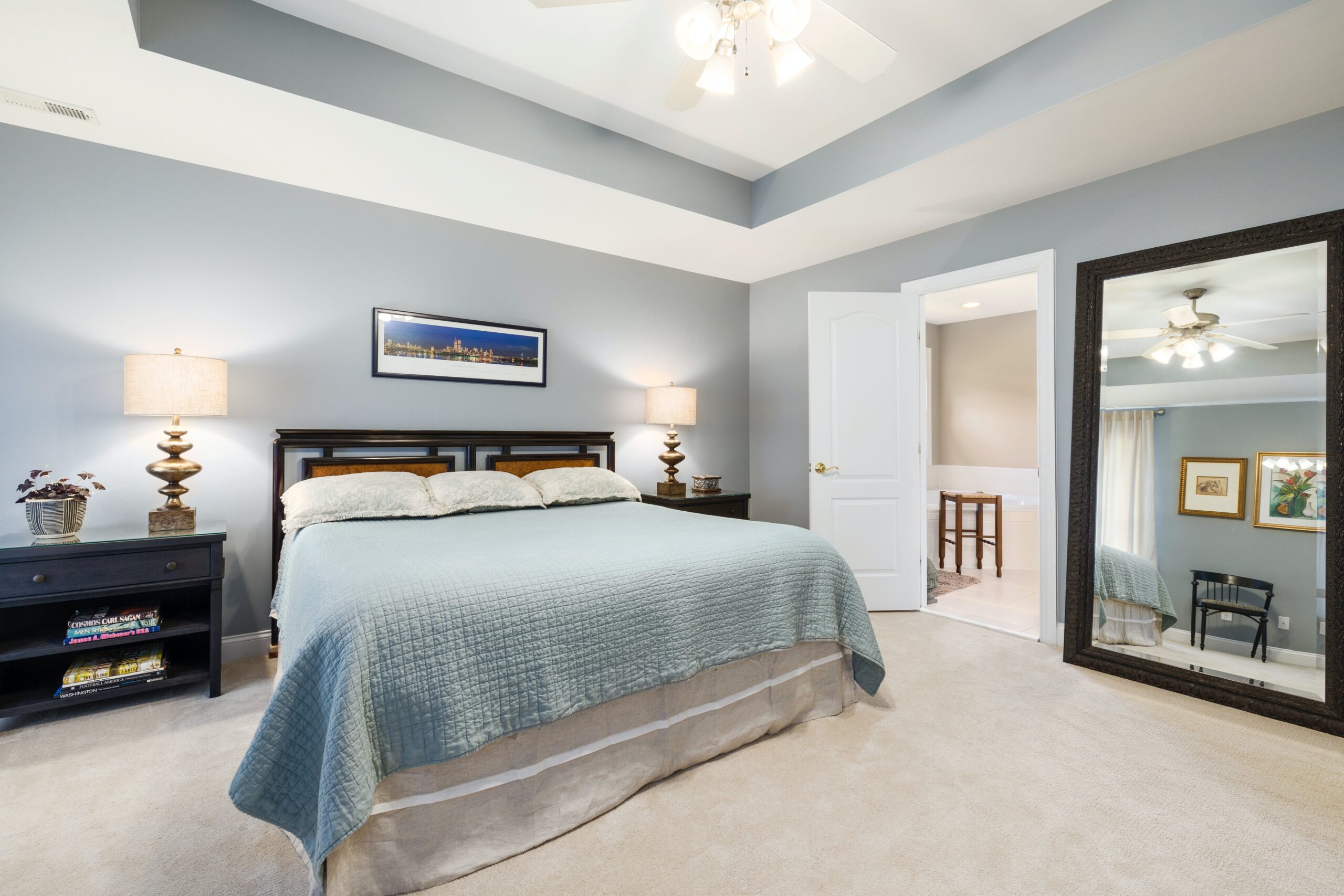 Light blue is one of the most calming paint colors for bedrooms. Pictured: A light blue bedroom.