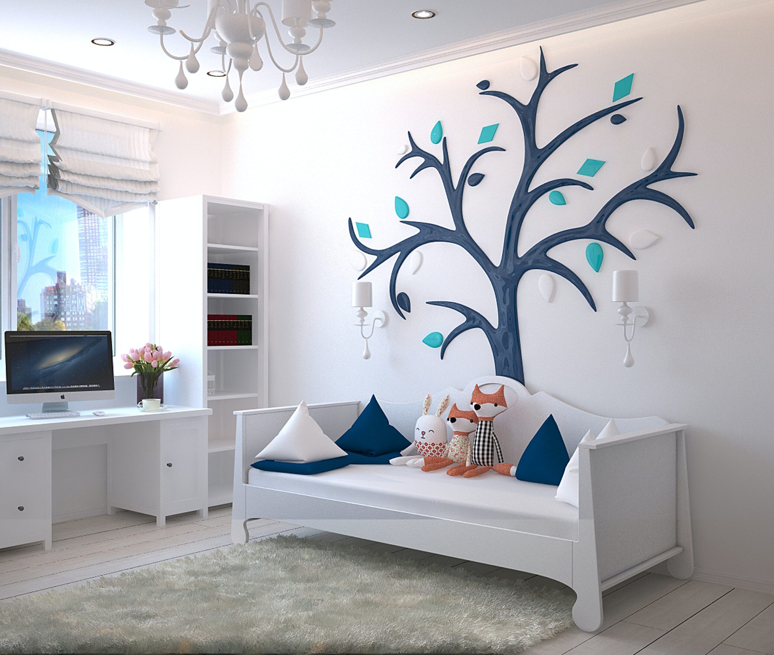 Baby room with white bed and tree wall art