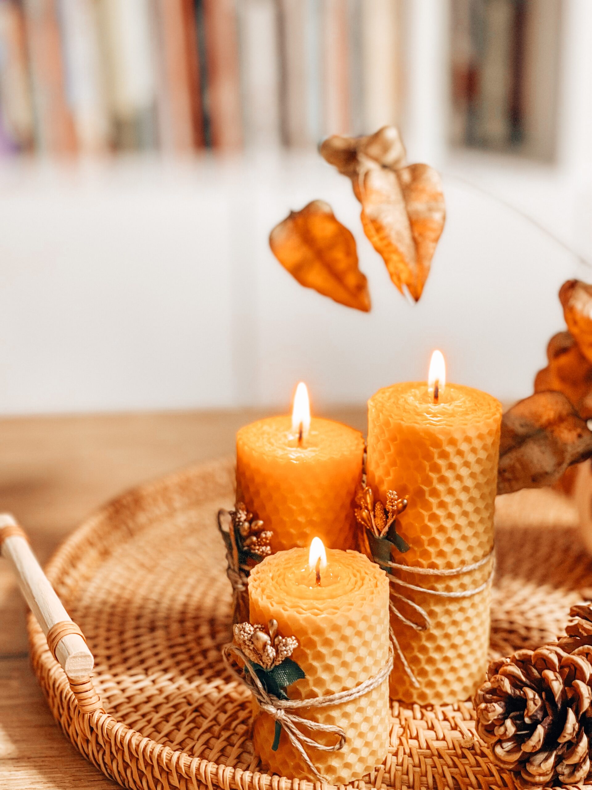 Fall decor with fall-themed candle