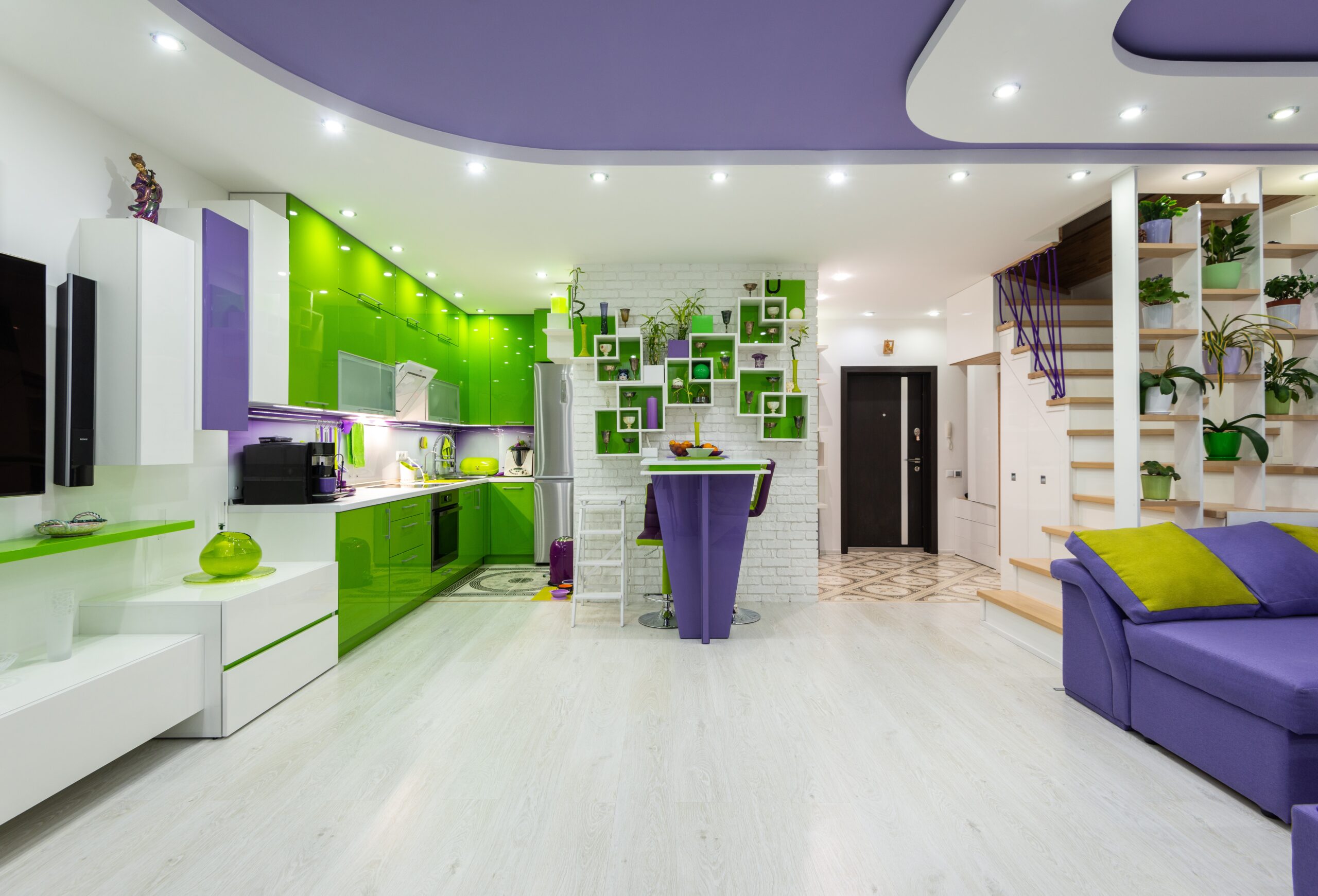 A purple and green room for color schemes that go with green. Pictured: A room.