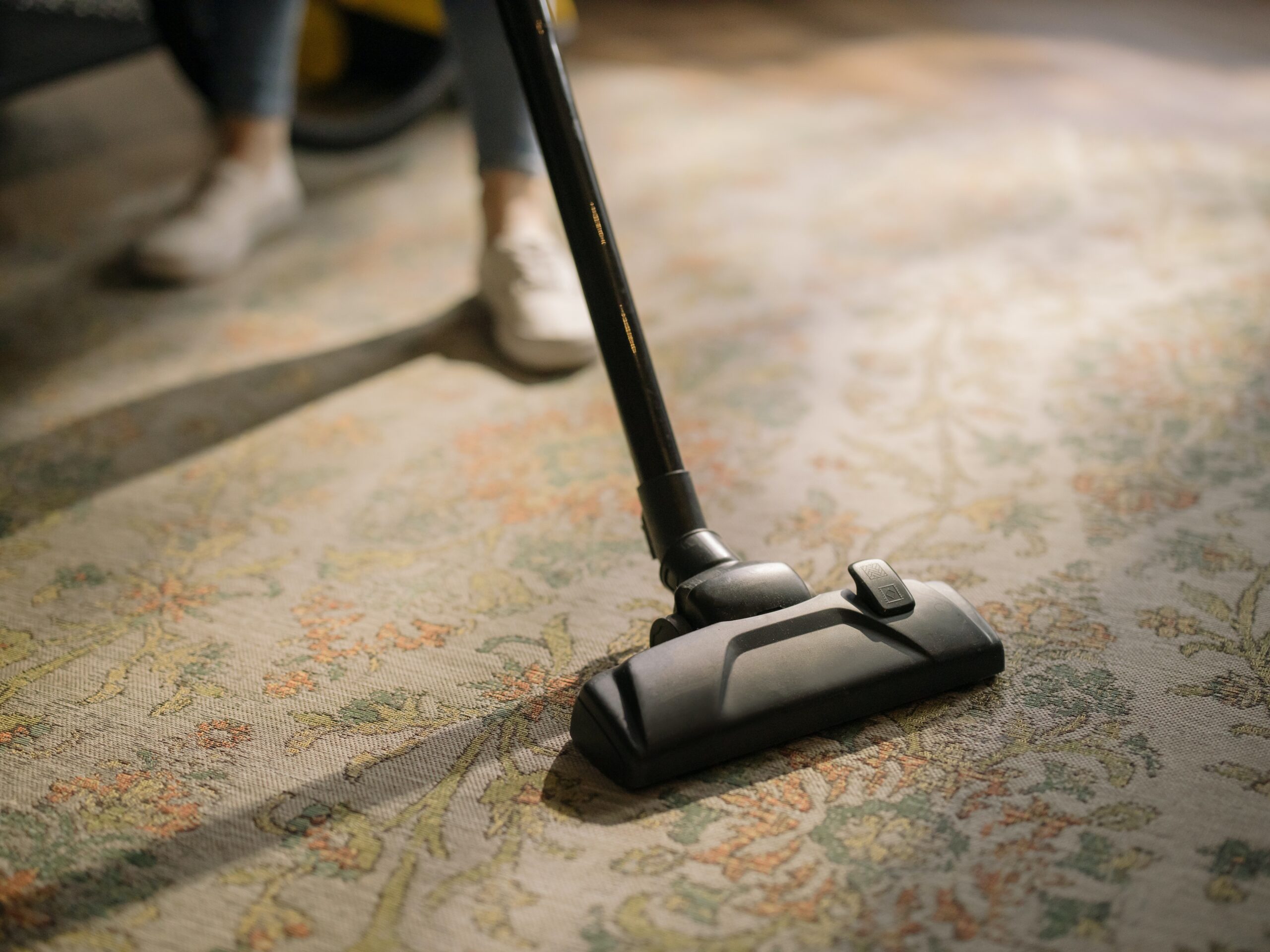 A person vacuuming carpet