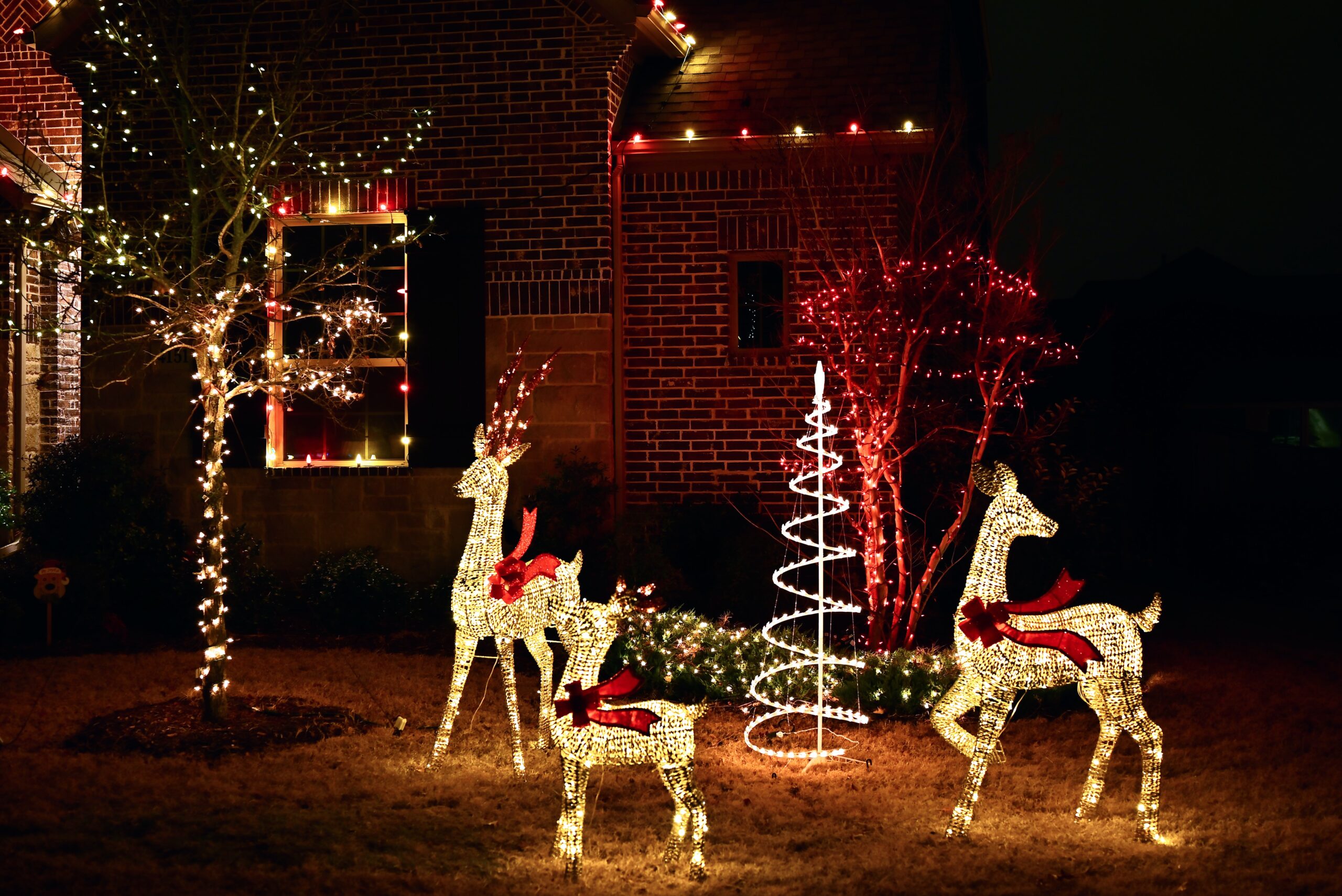 Add deer for a sparkling effect on your yard with this outdoor tree lighting idea. Pictured: Outdoor Deer lights with Holiday decorations. 