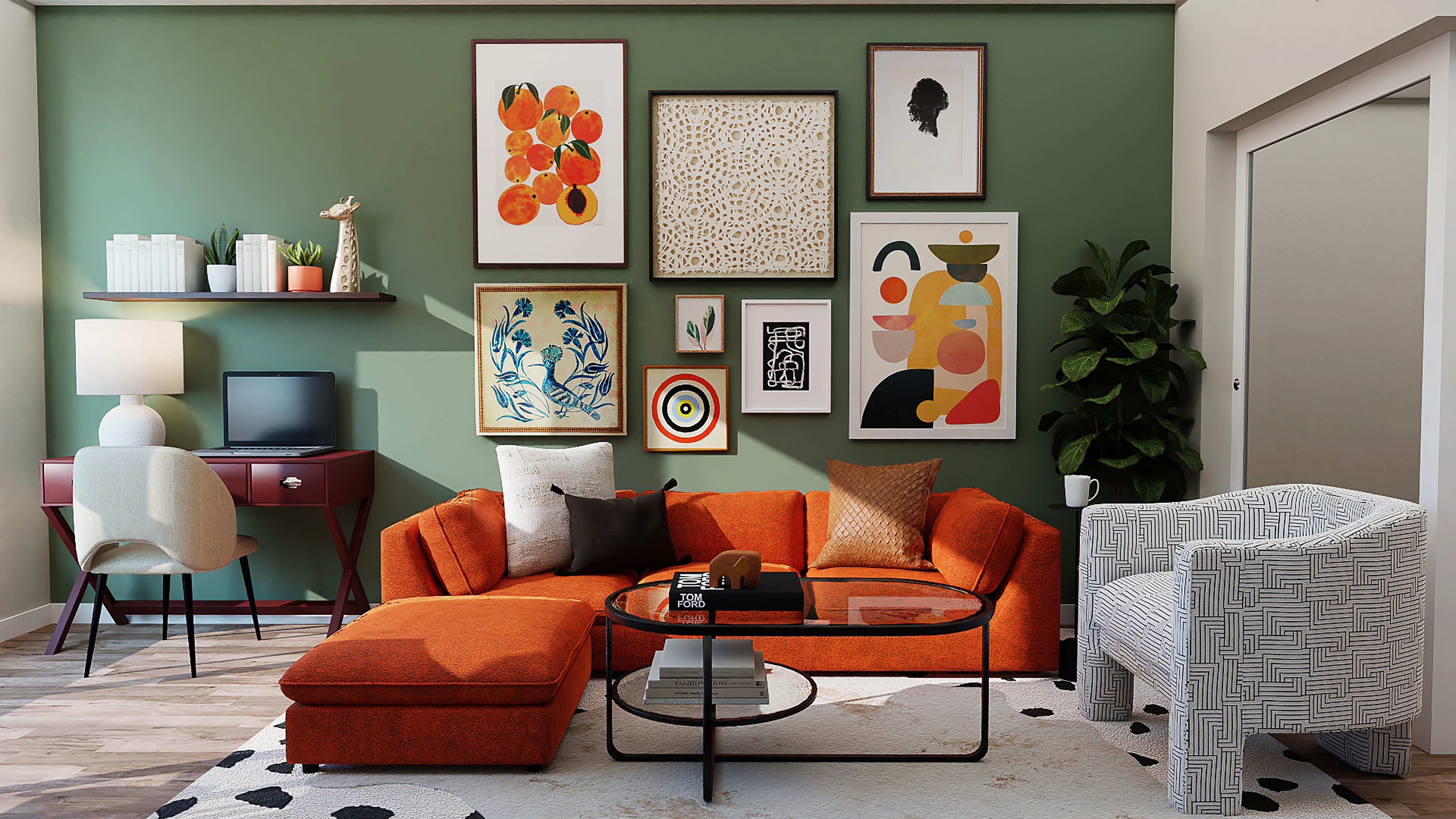 Use niche color combinations to distract the eye from the television in your small living room space. Pictured: A colorful living room.