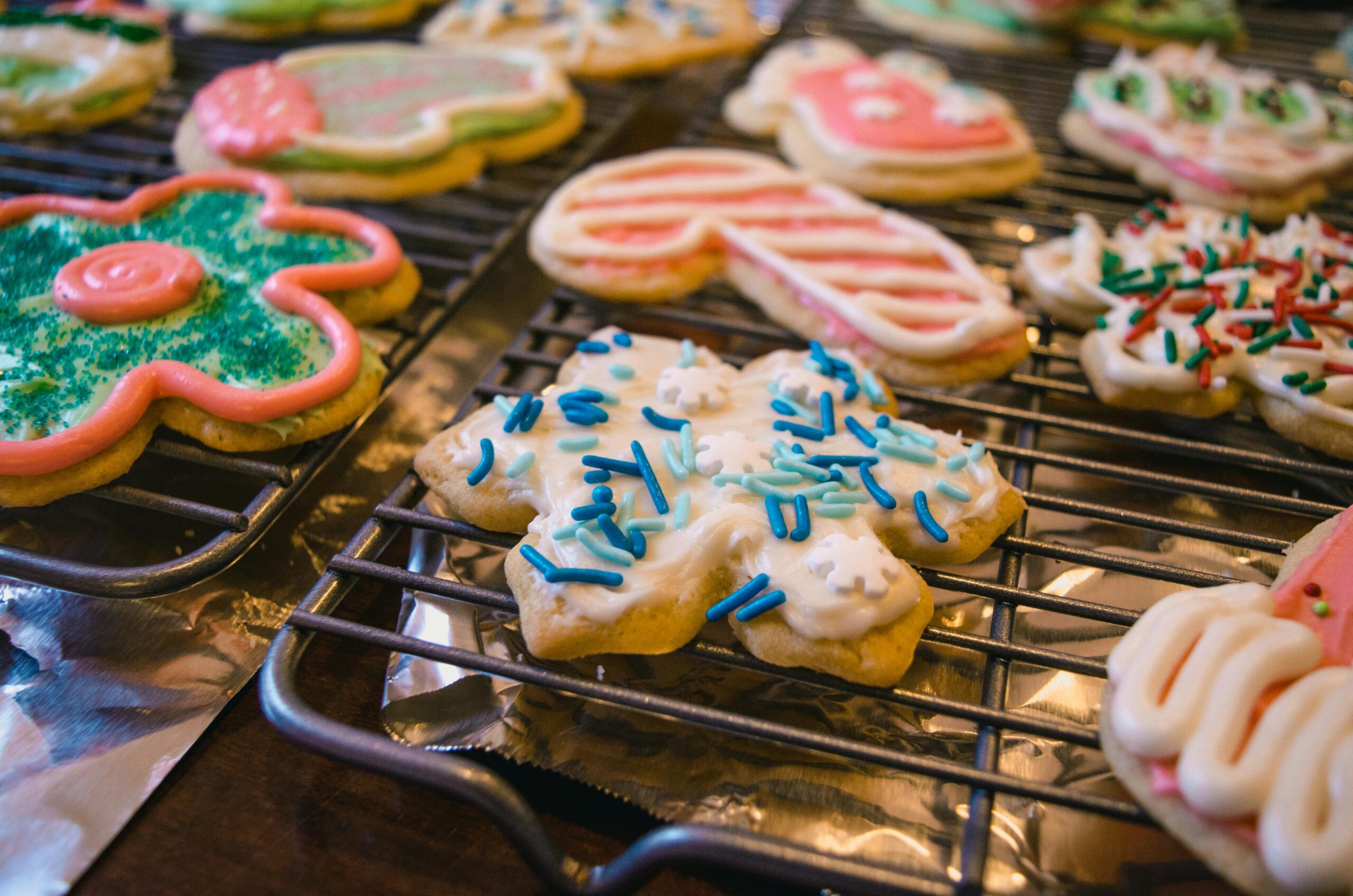 A closeup of decorated holiday cookies