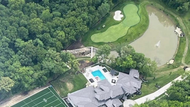 Star quarterback of the Kansas City Chiefs, Patrick Mahomes, has completed his massive house in Cass County, Missouri. Pictured: An aerial view of Mahomes house.