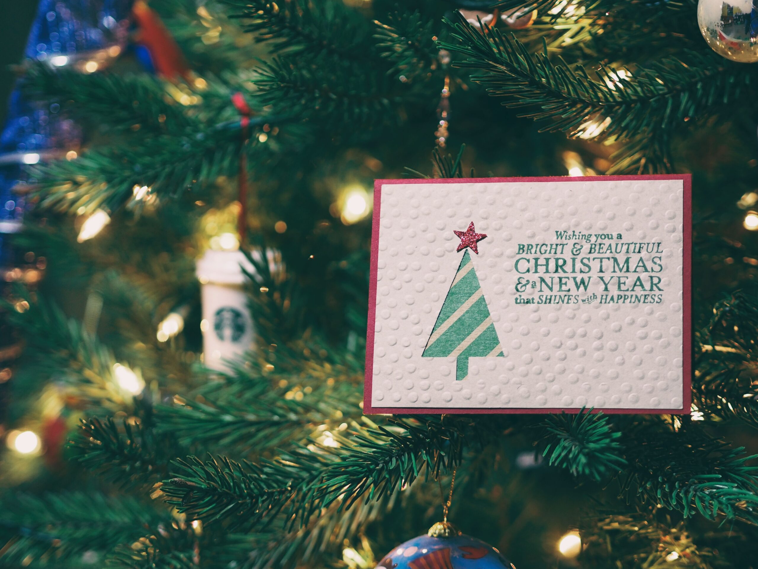 Merry Christmas wishes card are the perfect way to show love and appreciation. Are you stuck on what to write on a Christmas card? Here are a few examples, from funny to simple. Pictured: A Christmas card on a tree.