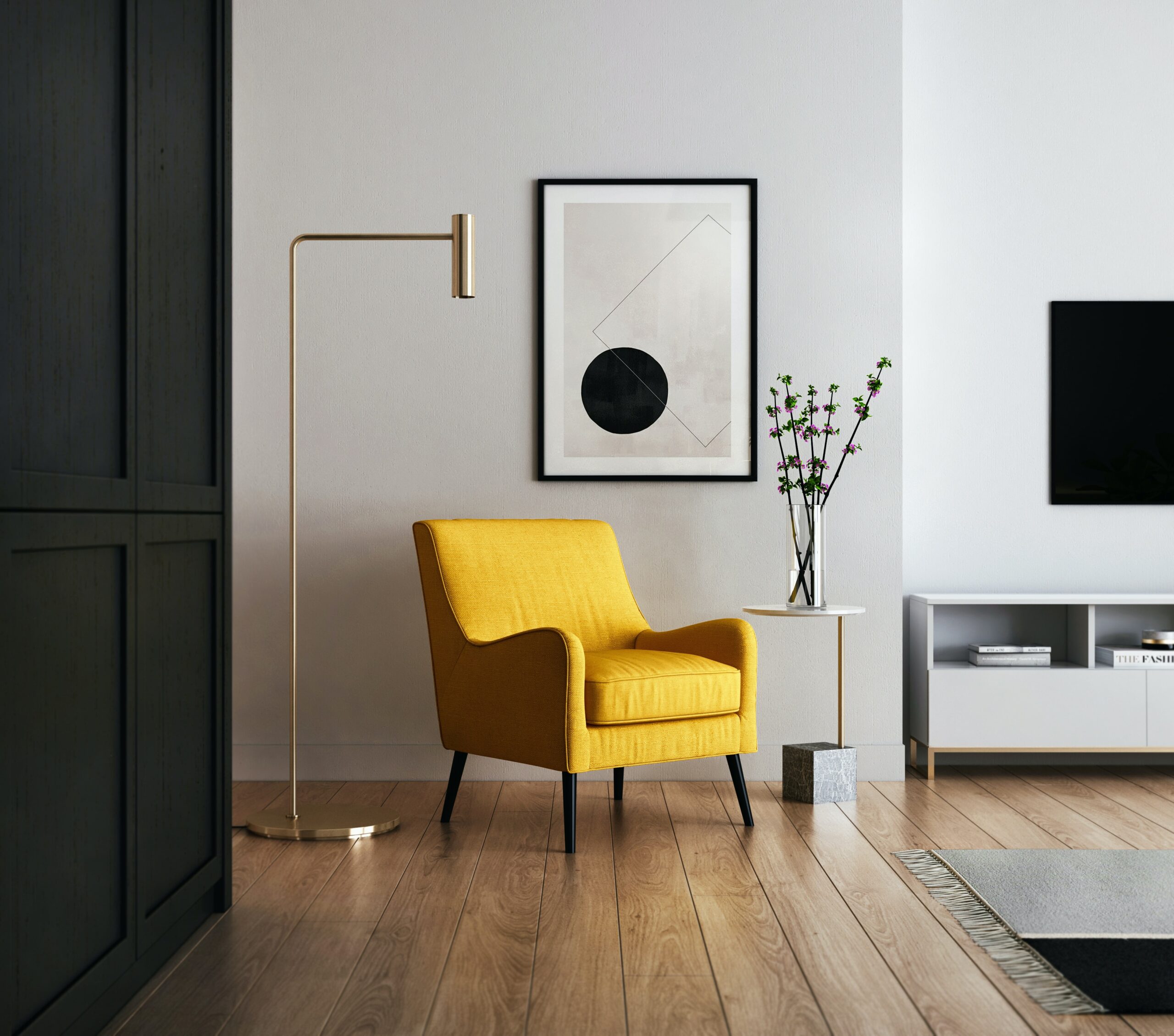 A yellow accent chair in a living room