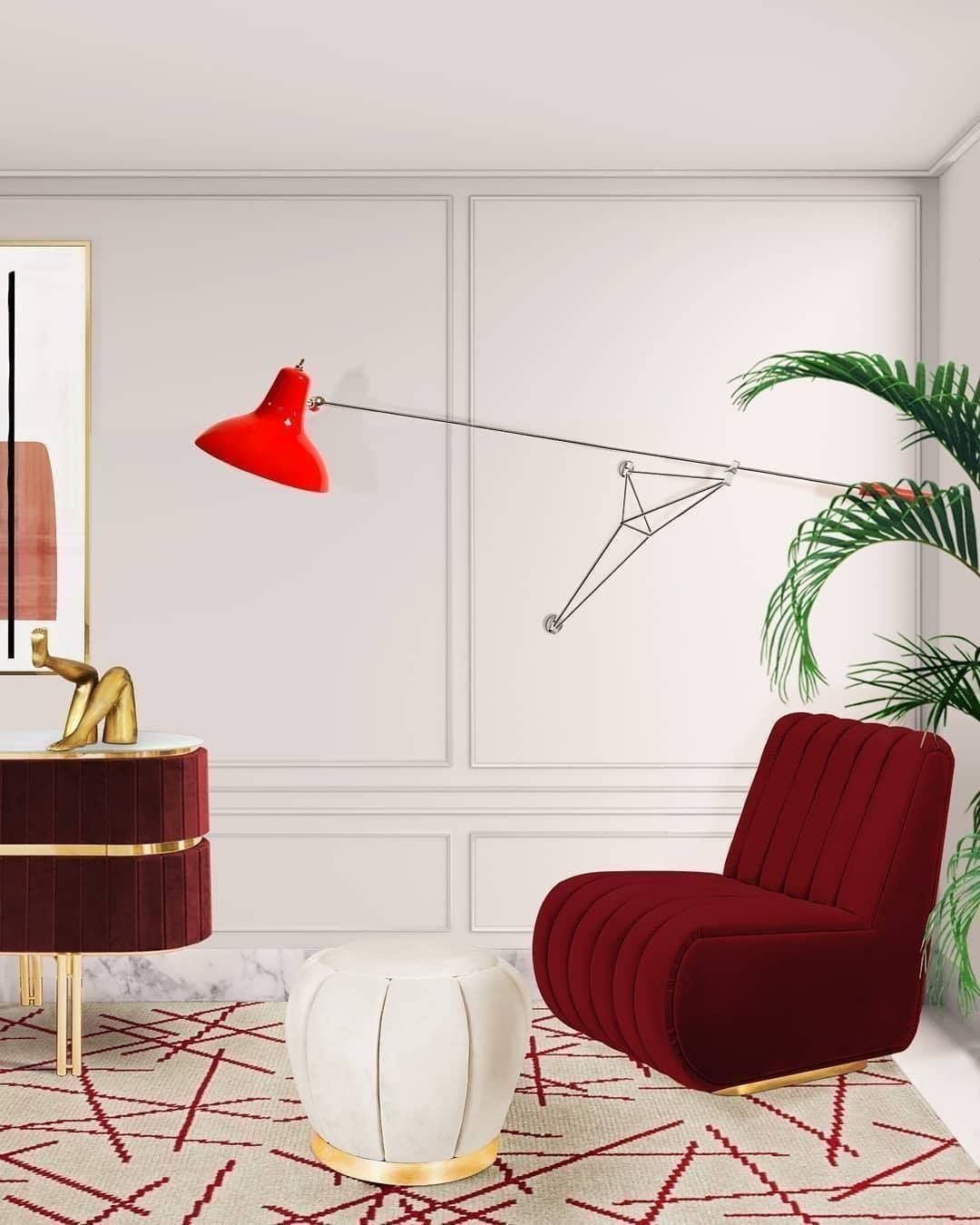 A living room with red furnishings