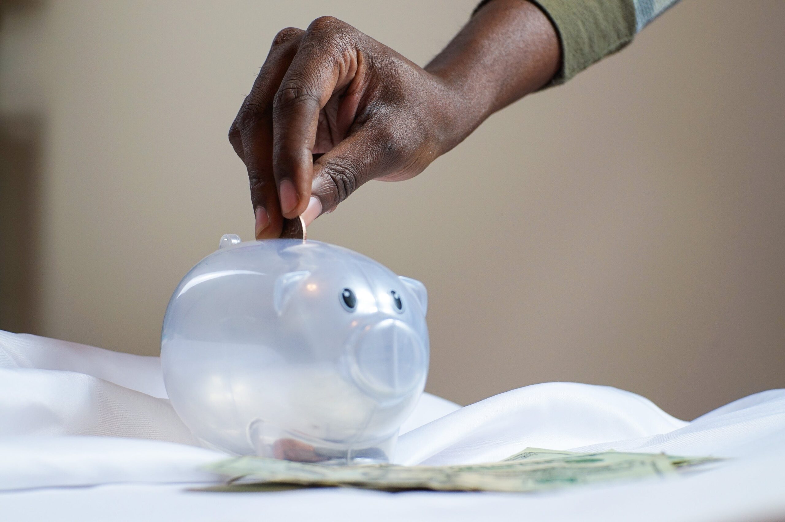A hand putting a coin into a piggy bank