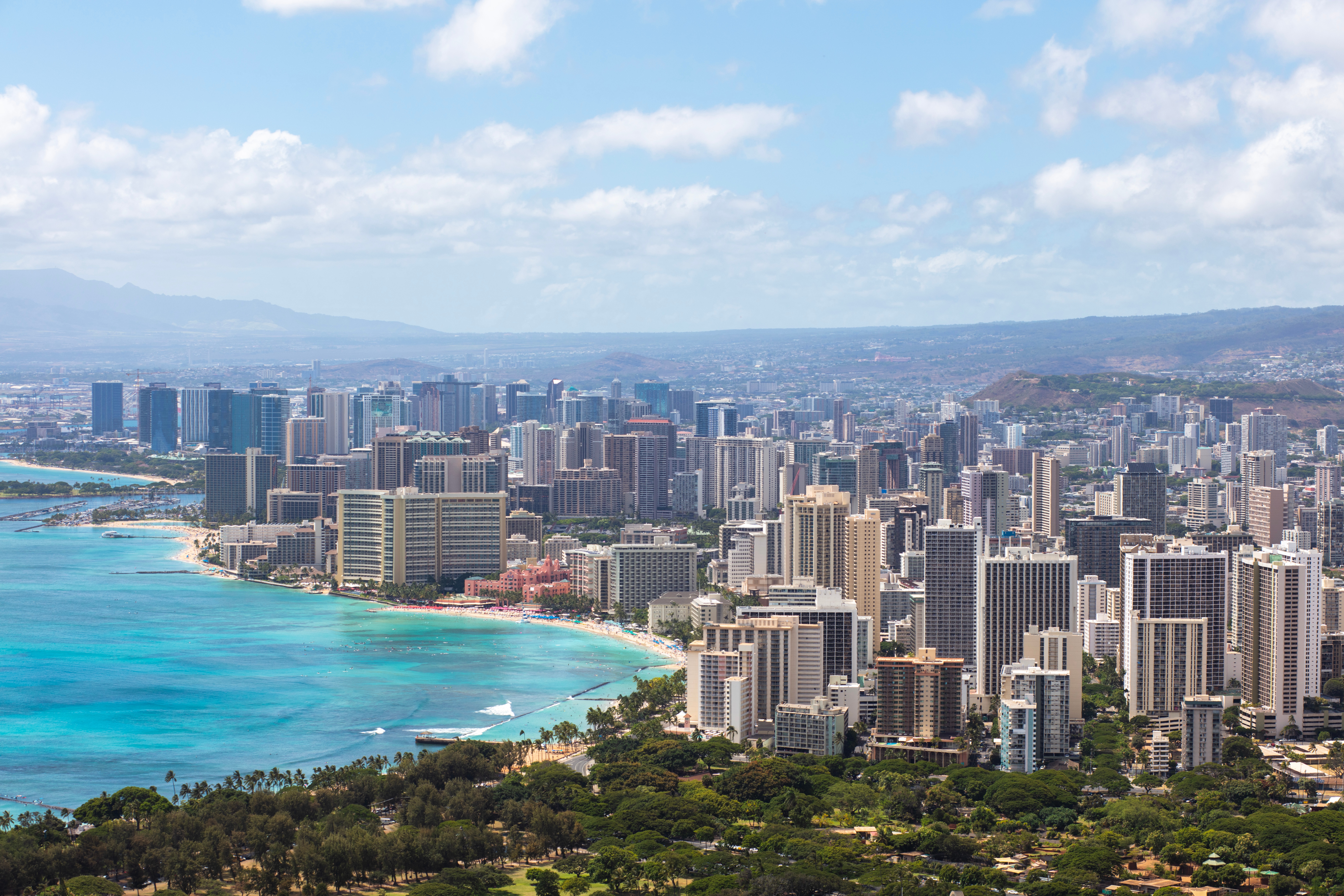 A popular vacation destination and relaxing beach vibes, Honolulu is one of the most expensive cities in the U.S. Pictured: An aerial view of Honolulu, Hawaii