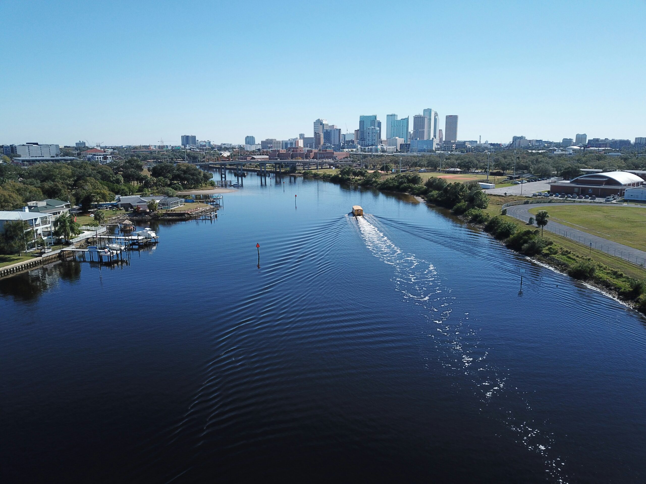 Tampa is one of the best places to live in Florida for beachfront living. Pictured: A drone view of Tampa