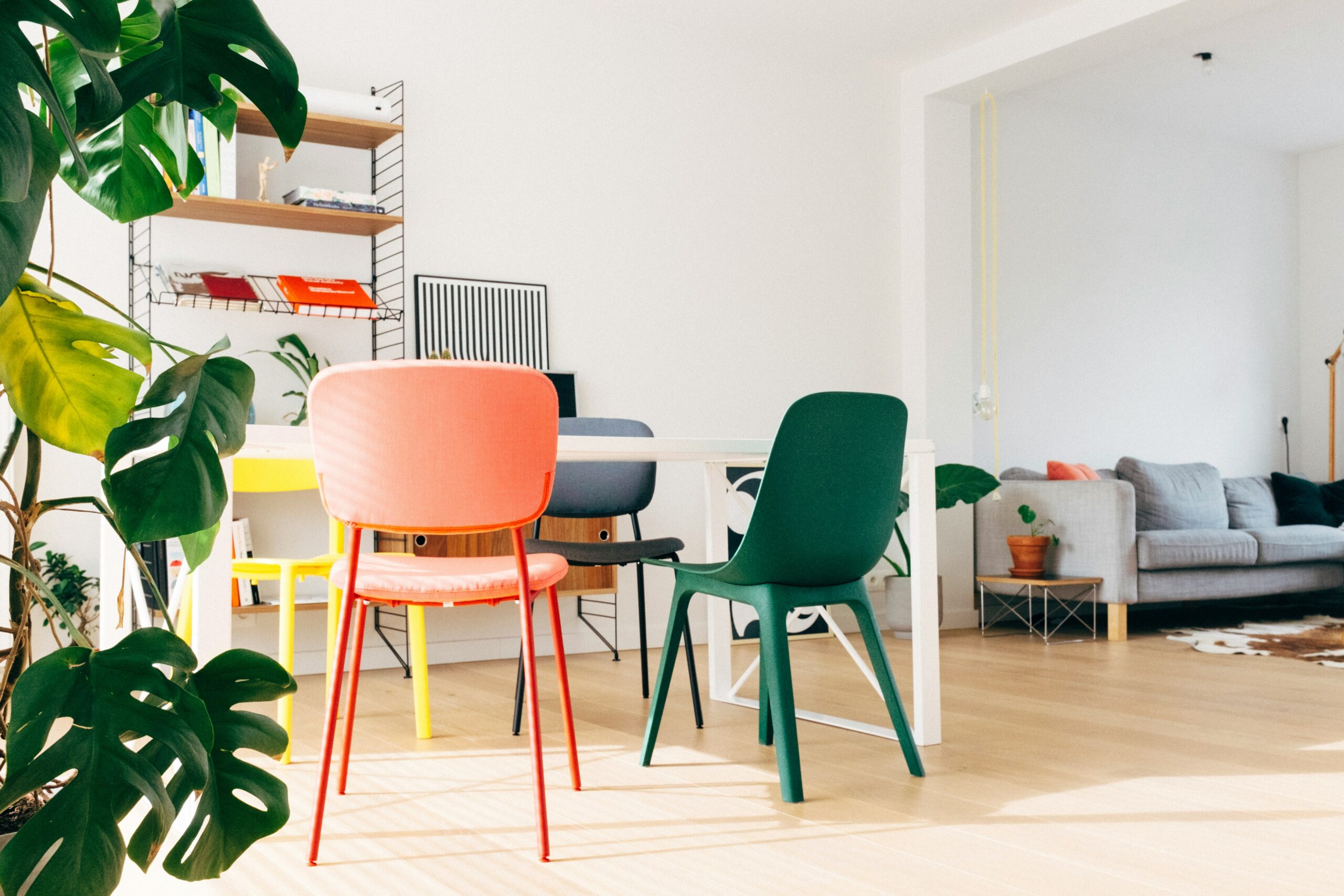 There are many benefits to including a triadic color scheme in your home. Increased energy, calmness and relaxation are just a few. Pictured: A room with chairs in the triadic color scheme.