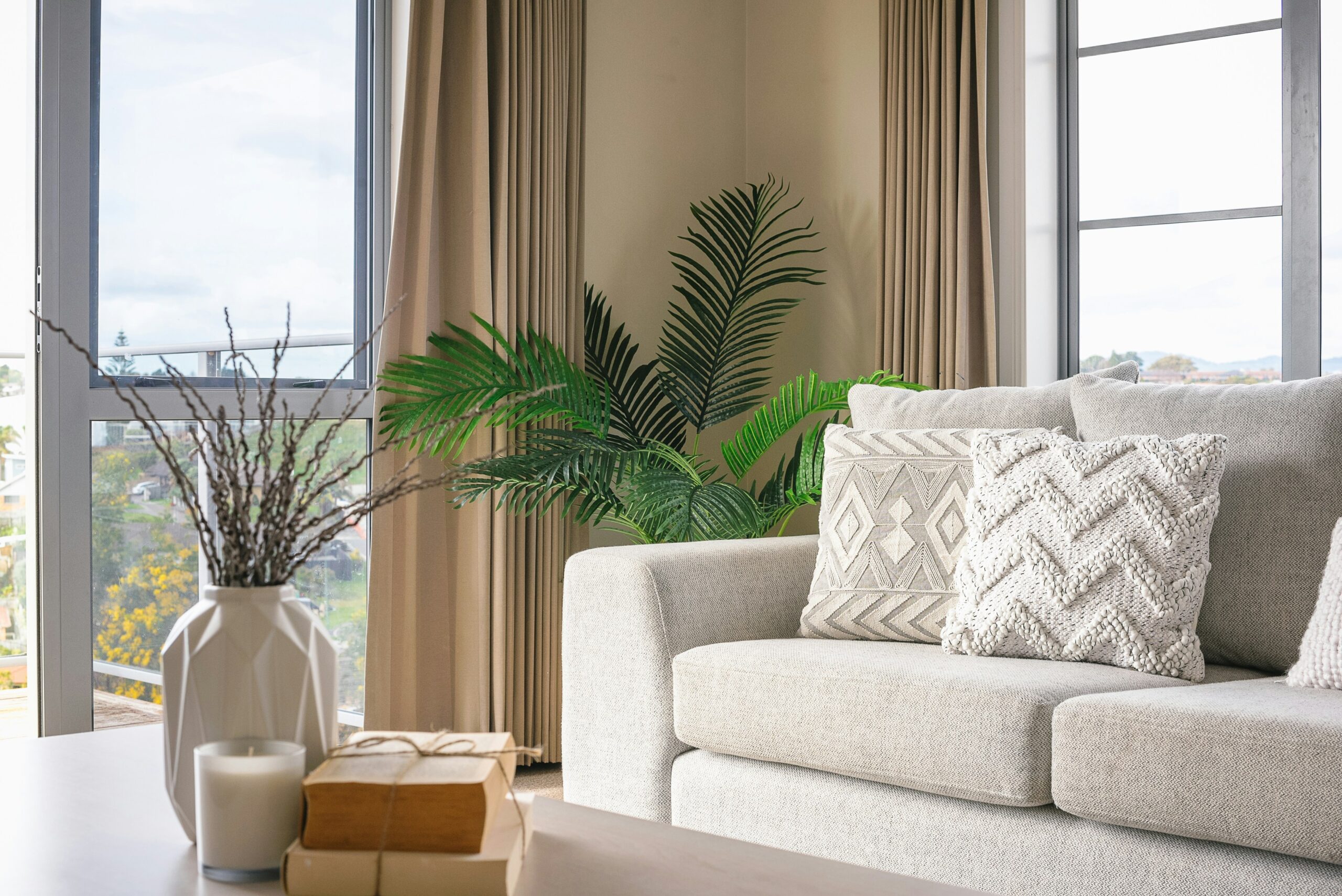 Don't underestimate the power of plants and decor. This can turn any room at home into a relaxing space. Pictured: A living room with plants and decor