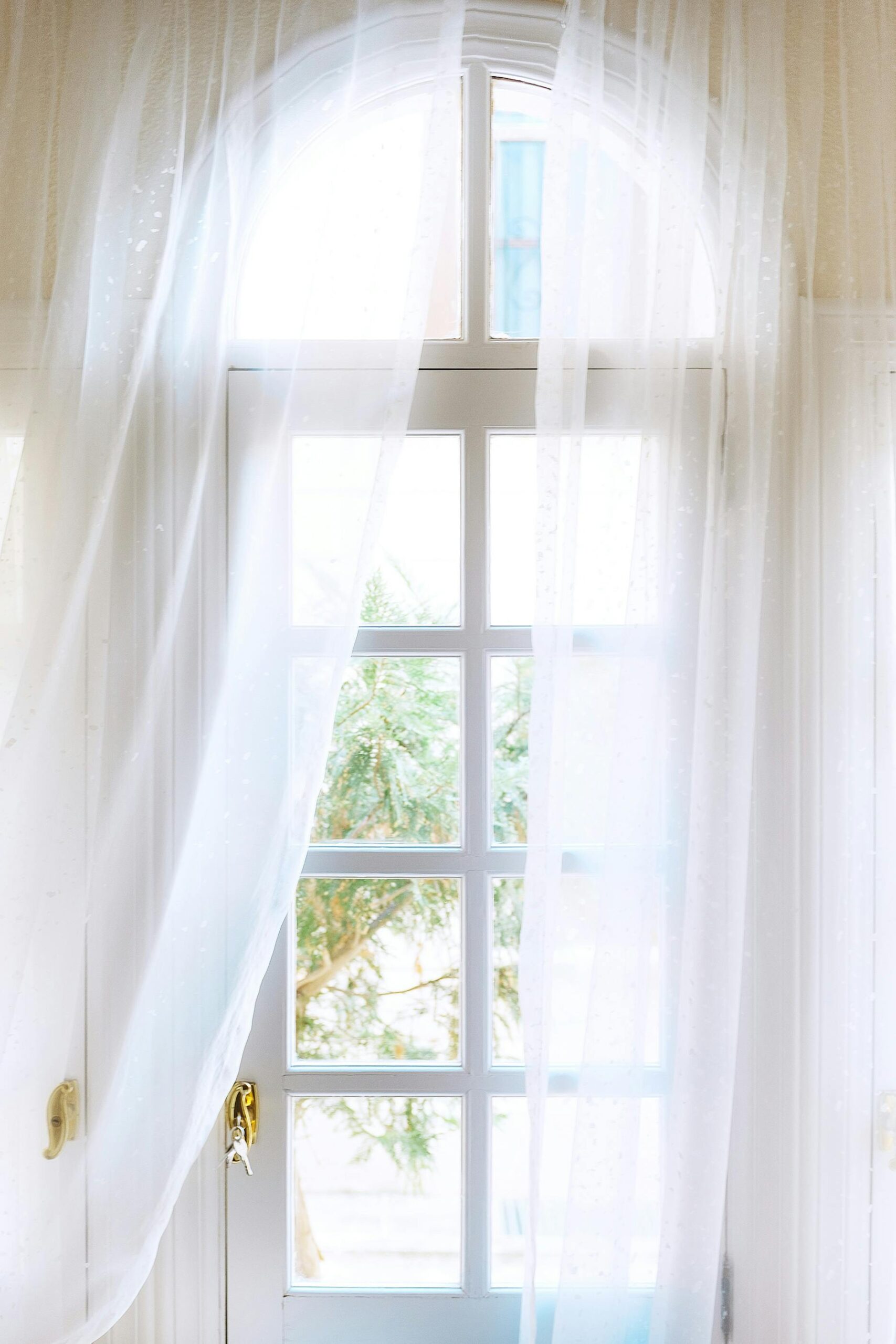 A window with sheer, white curtains