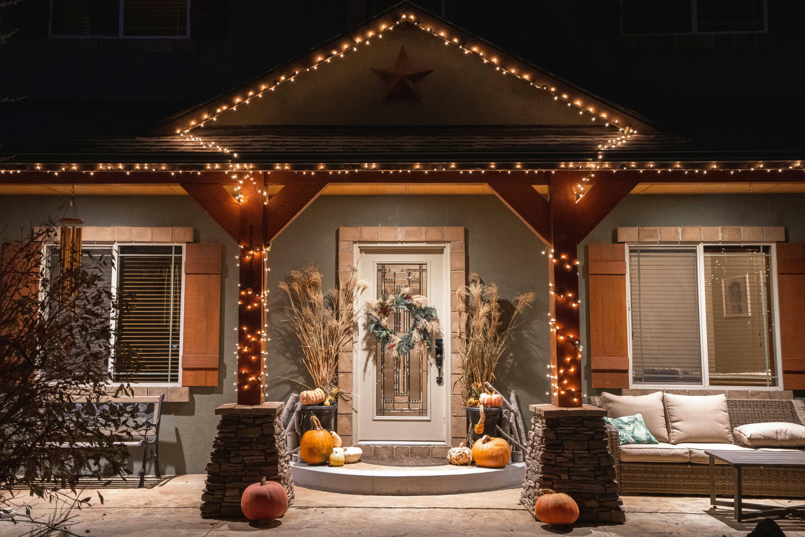 The exterior of a home decorated for the holiday season