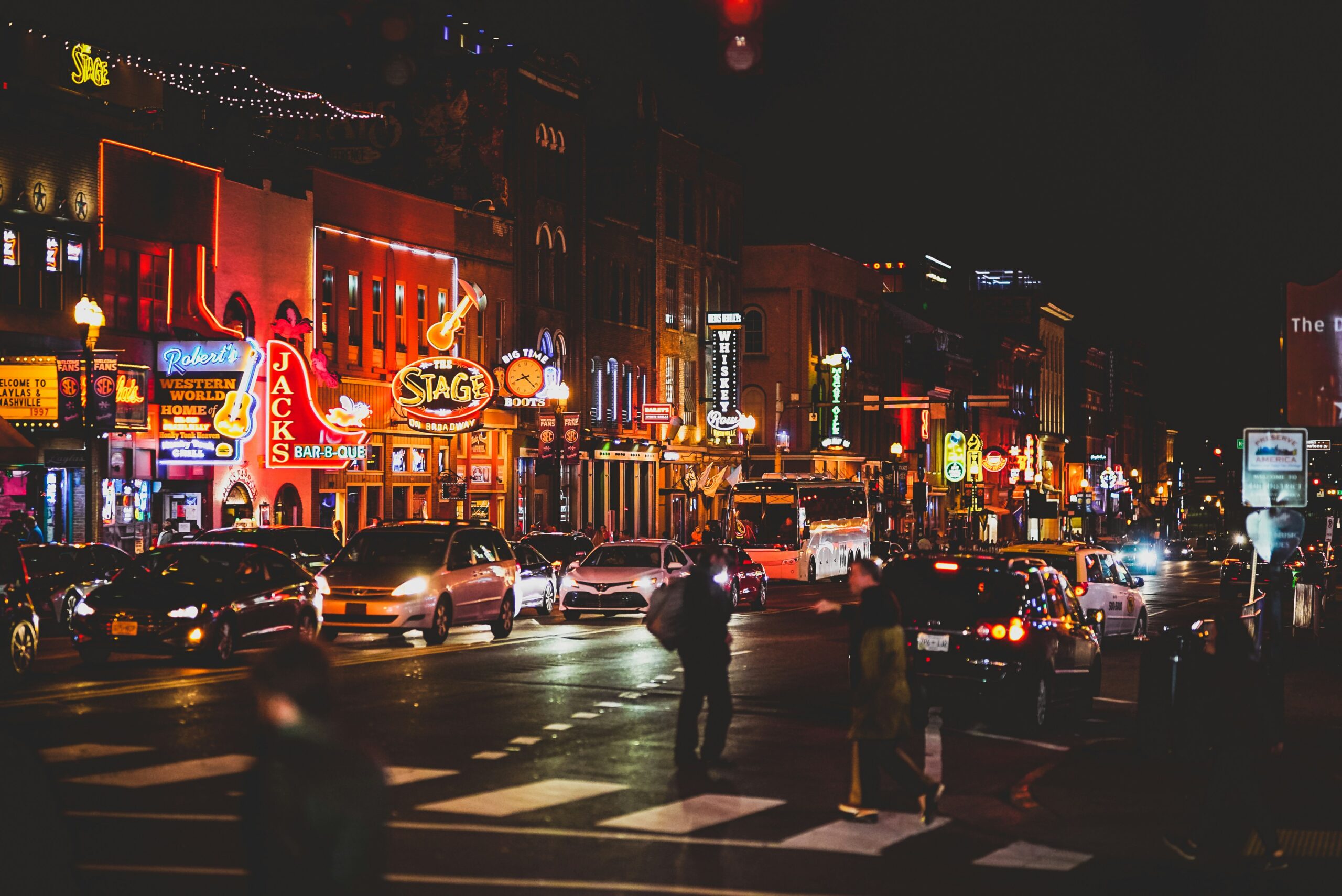 Downtown Nashville is one of the best neighborhoods in Nashville for bars, clubs, nightlife and more. Pictured: Downtown Nashville at night