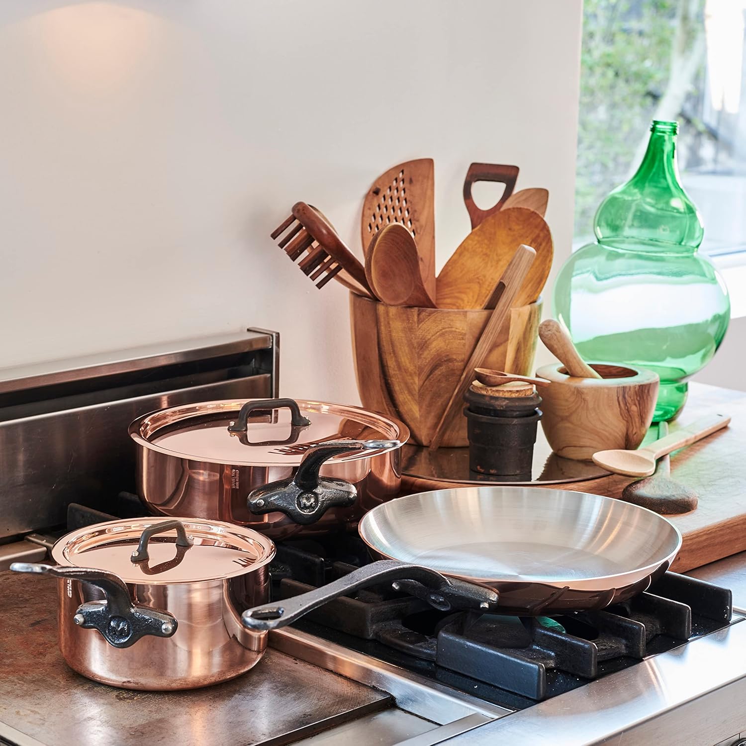 Mauviel M'Heritage 150 CI 1.5mm Polished Copper & Stainless Steel 2-Piece Frying Pan Set, And Cast Iron Handles