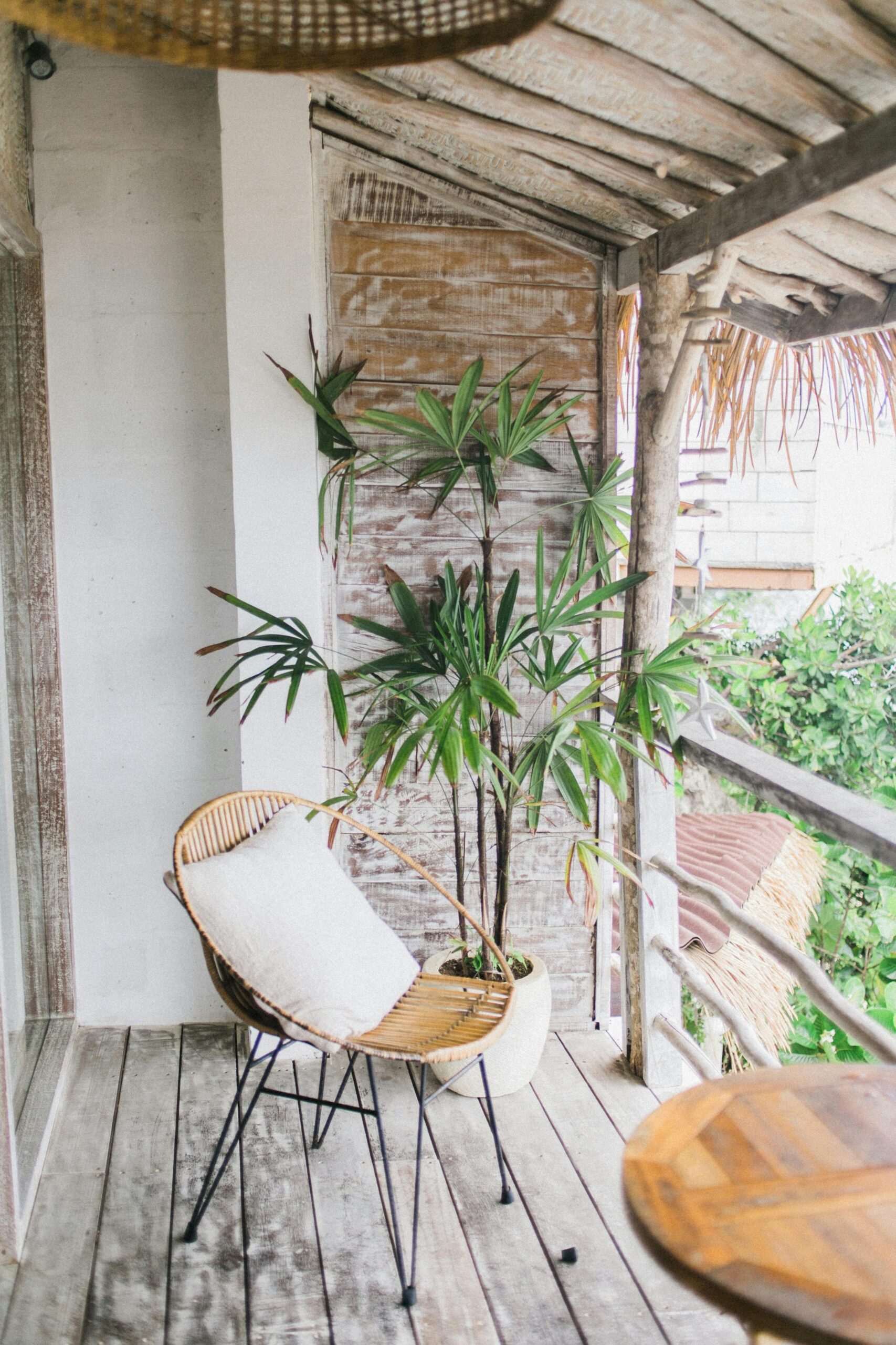 Lounge chair on wooden tropical terrace