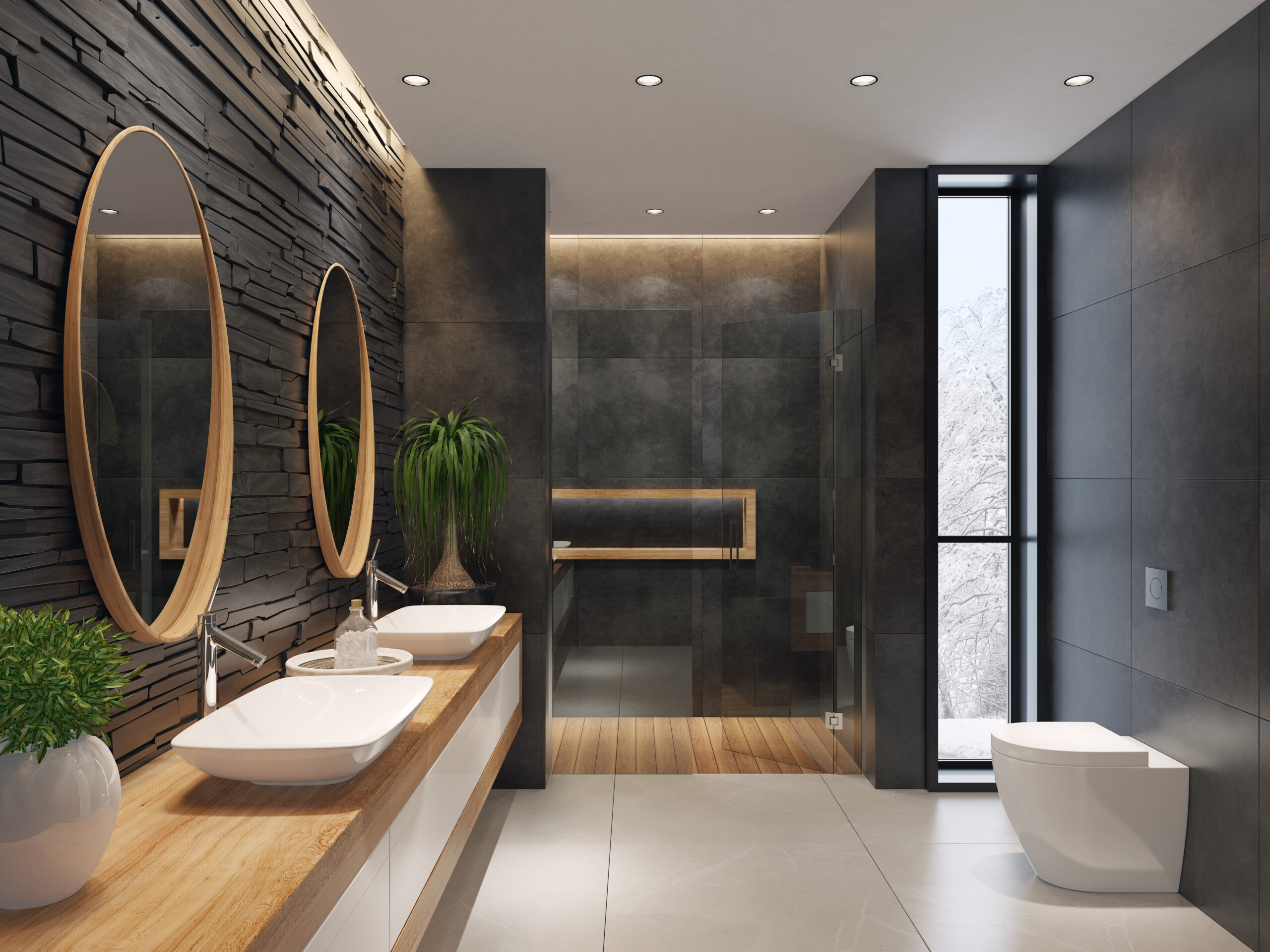 Luxurious minimalist bathroom with slate black stone wall