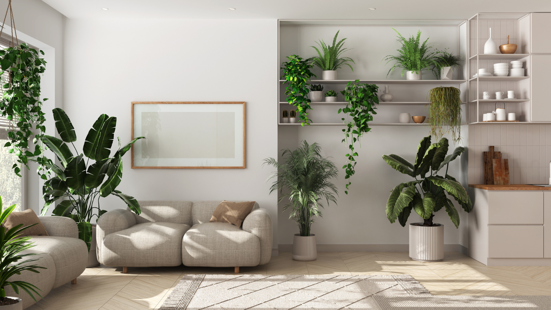 Open indoor space with neutral colors and several green indoor potted plants. 