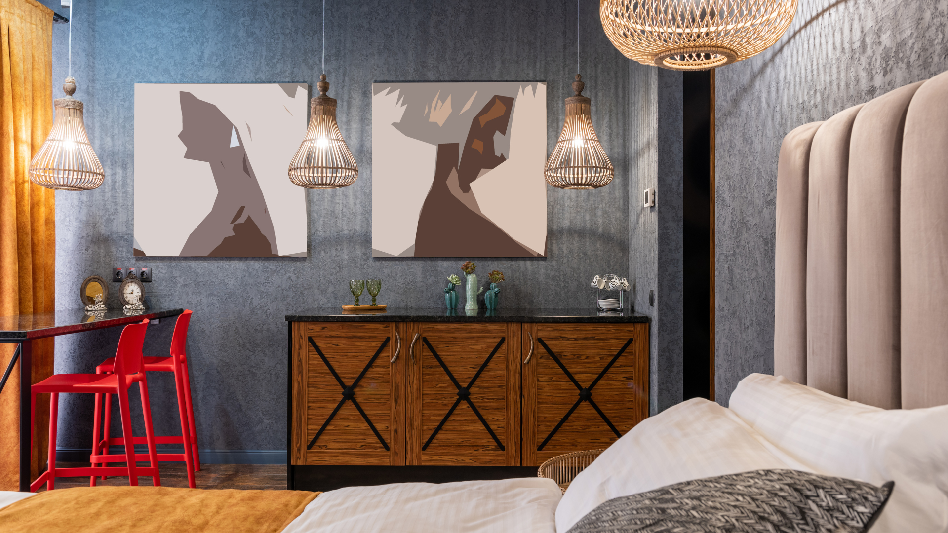 Bedroom with blue walls African art on wall, wicker dresser, and thin table with red chairs