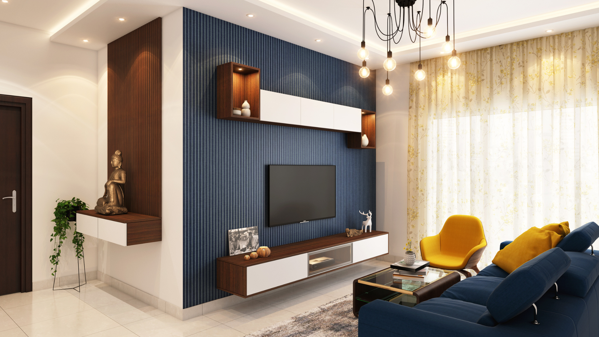 Elegant living room with rich colors of royal blue and mustard yellow with marble floors. 