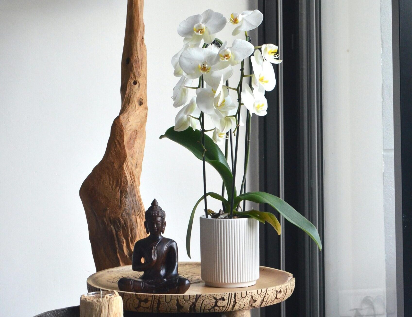 Image of a potted orchid on a lamp stand beside a statue of the Buddha.