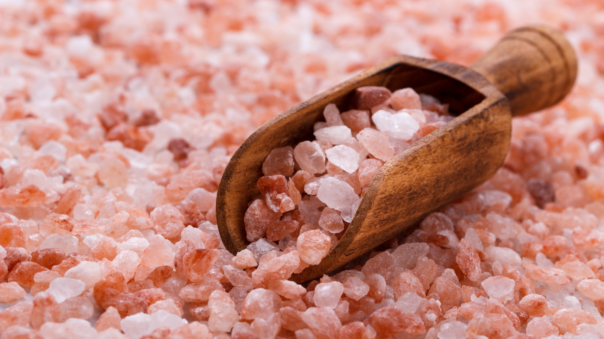 Pink himalayan salt and wood scoop closeup macro view 