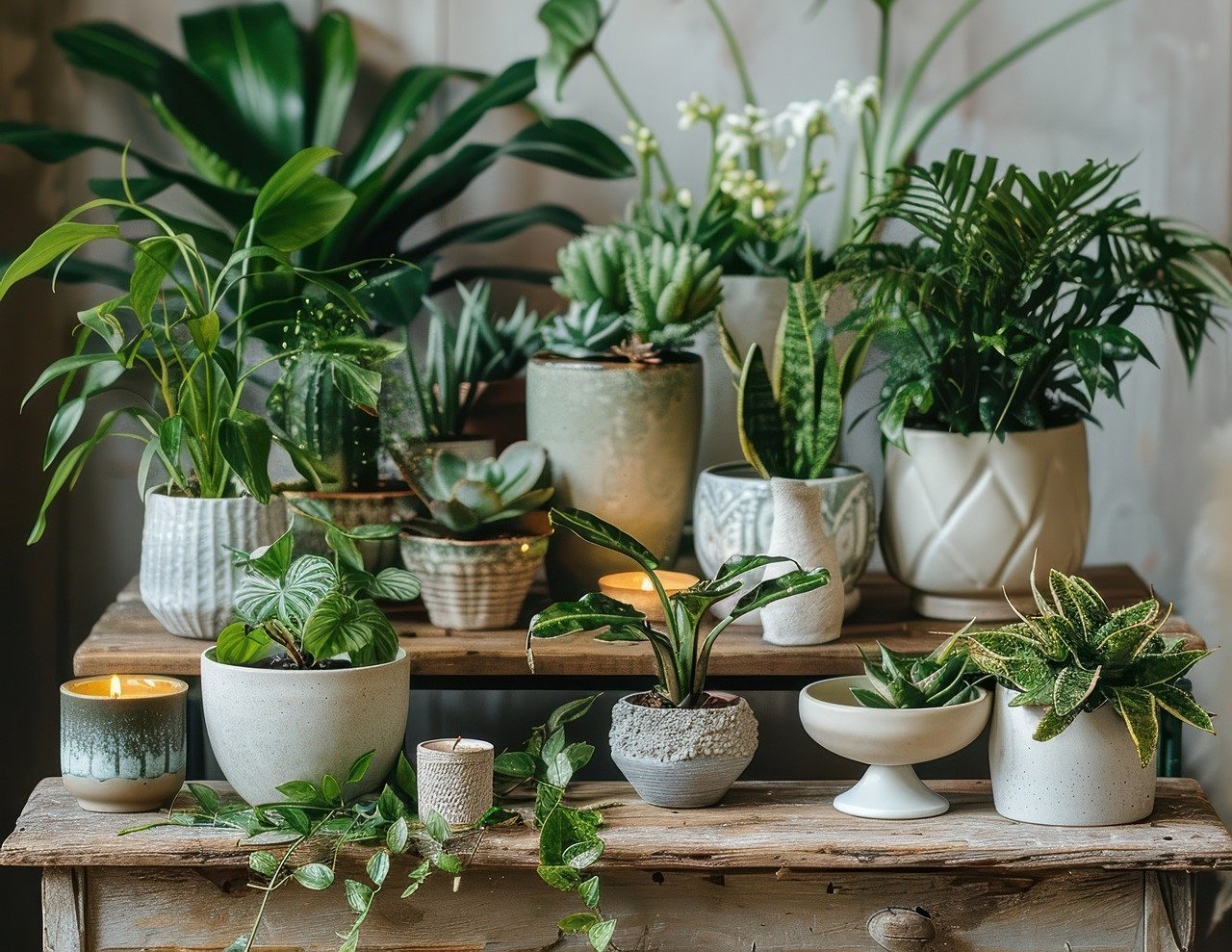 Indoor plant collection displayed on a wooden table, featuring a variety of green plants and succulents.