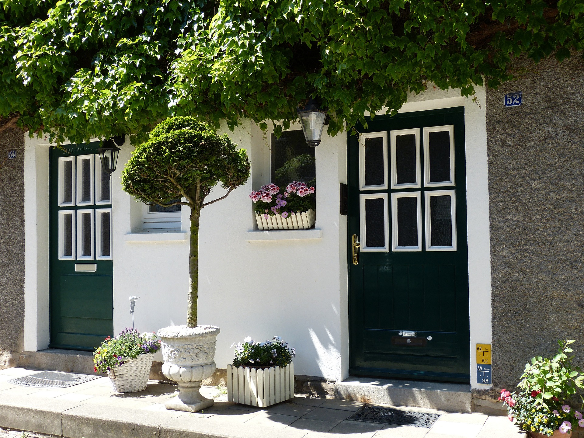 Outdoor view of black door with six squares, bushes nearby