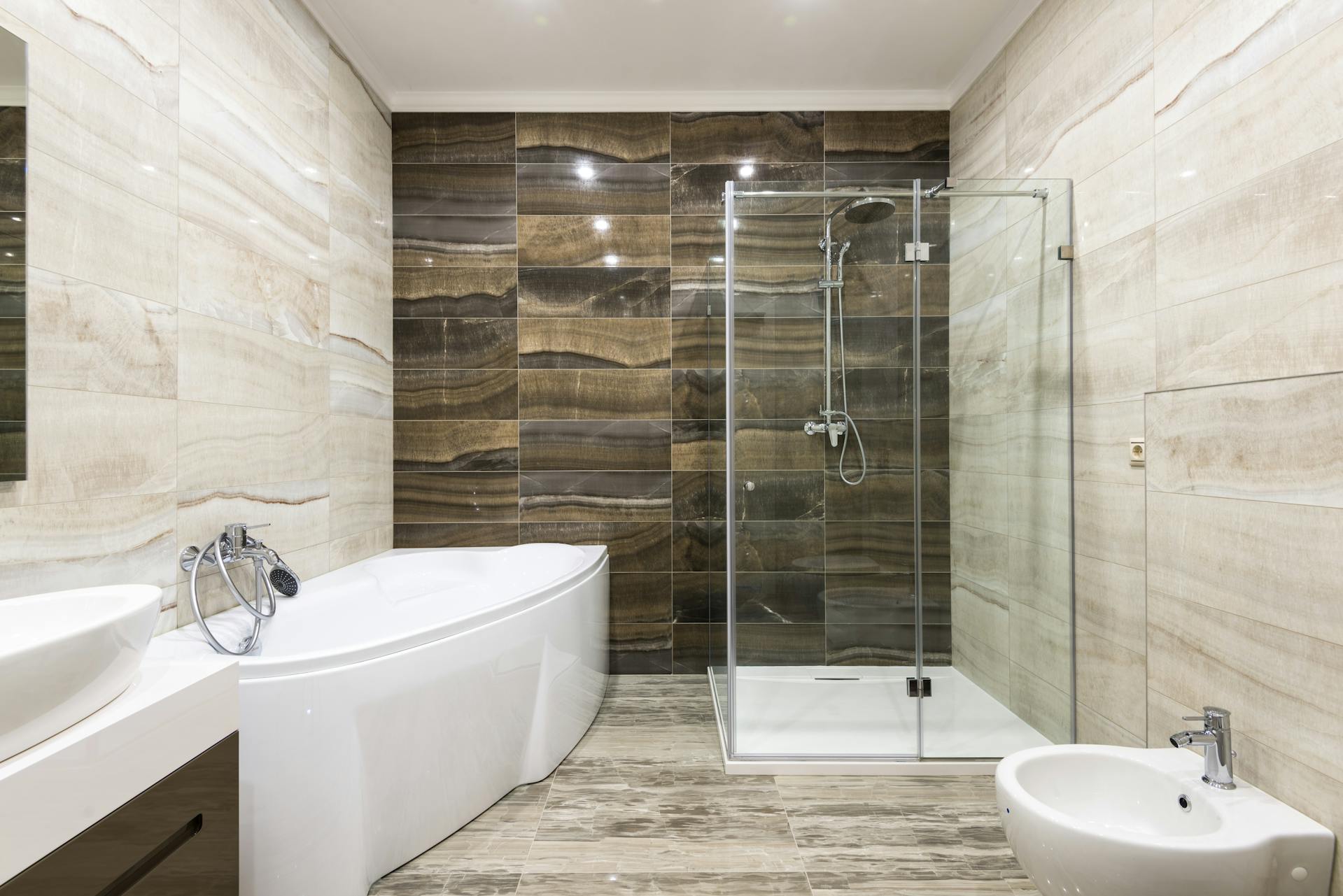 White bathroom with multi-color-brown wall