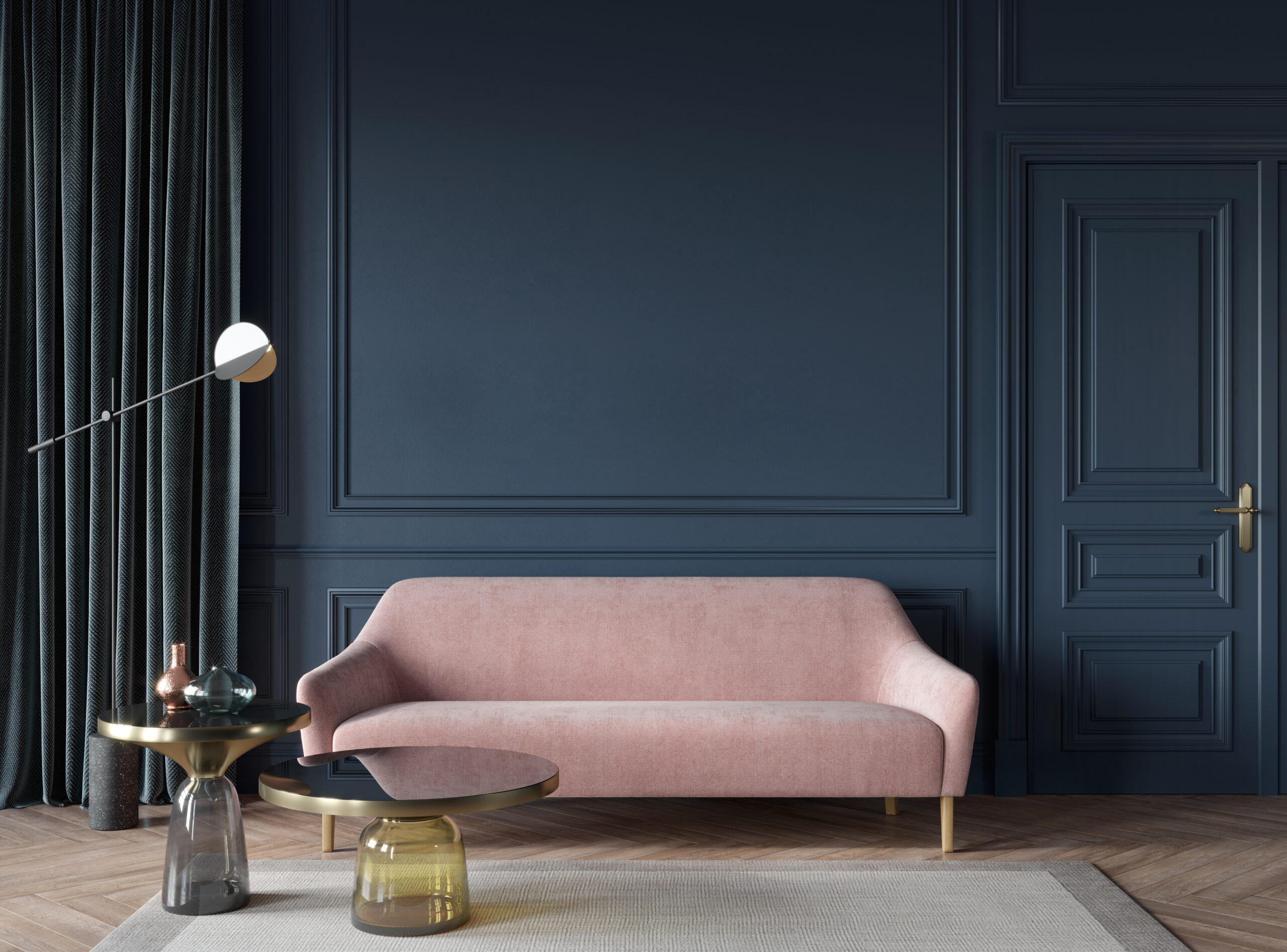 navy blue and blush pink interior