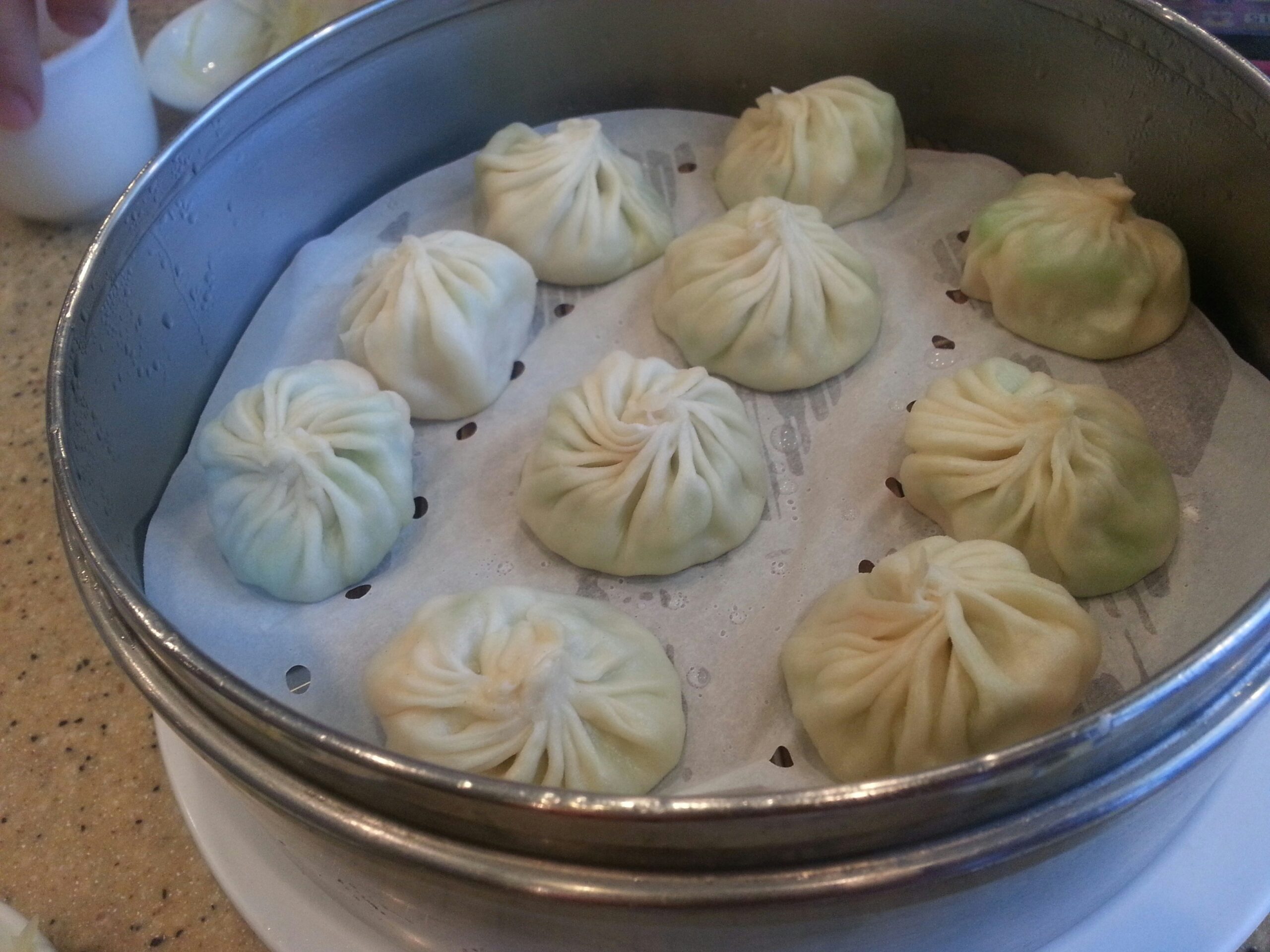 Ten xiao long bao soup dumplings in a metal steaming basket. 