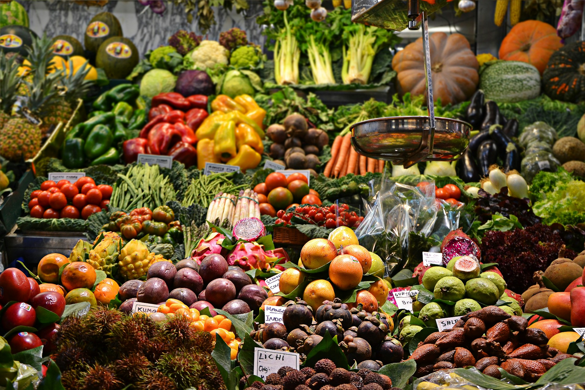 Fruits and vegetables piled high in a market