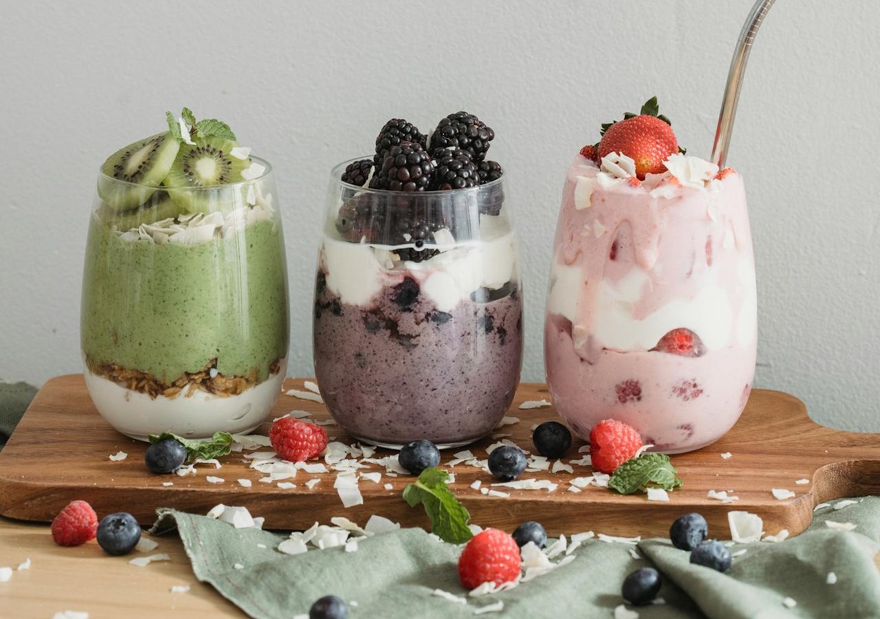 Yogurt mixed with kiwi, blueberries, strawberries