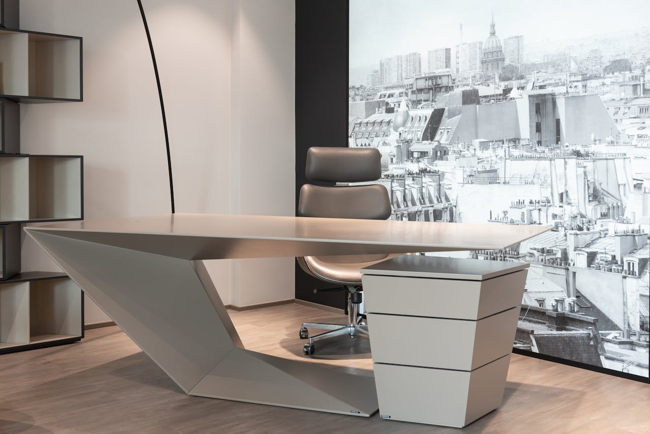Desk and chair shaped into a futuristic design