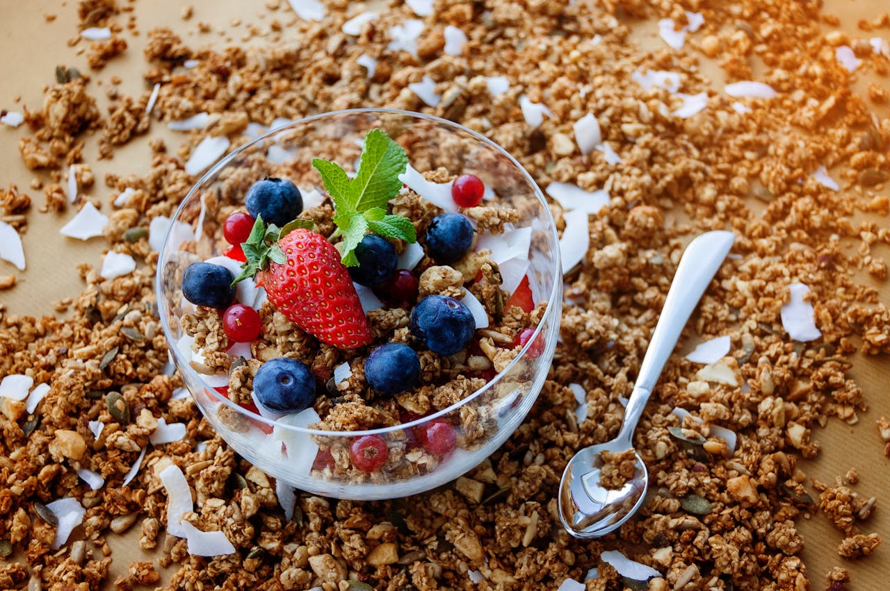 Granola with blueberries and strawberries