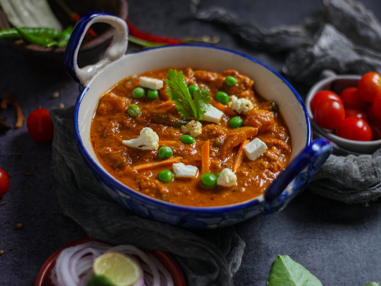 Matar Paneer Served on Blue Ceramic Bowl