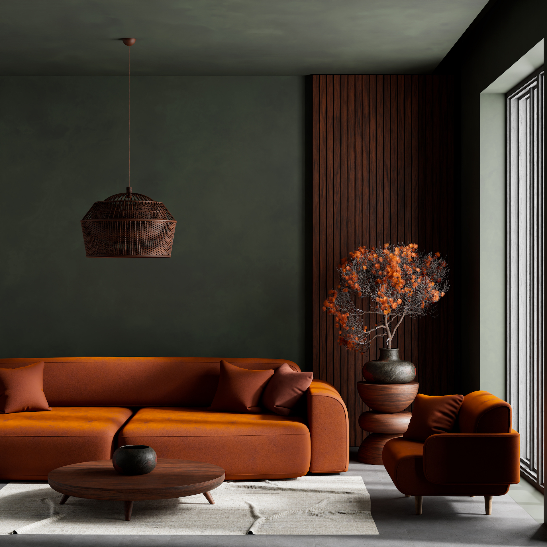 olive green and terracotta interior design