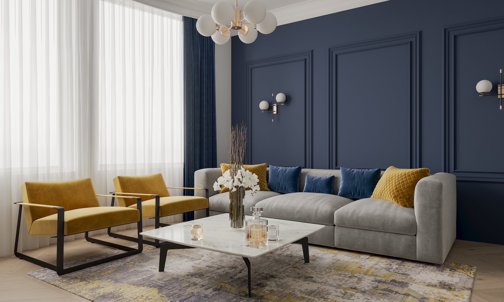 midnight blue and ochre interior design